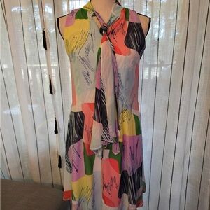 Robbie Bee Colorful Abstract Midi Dress with Neck Tie
